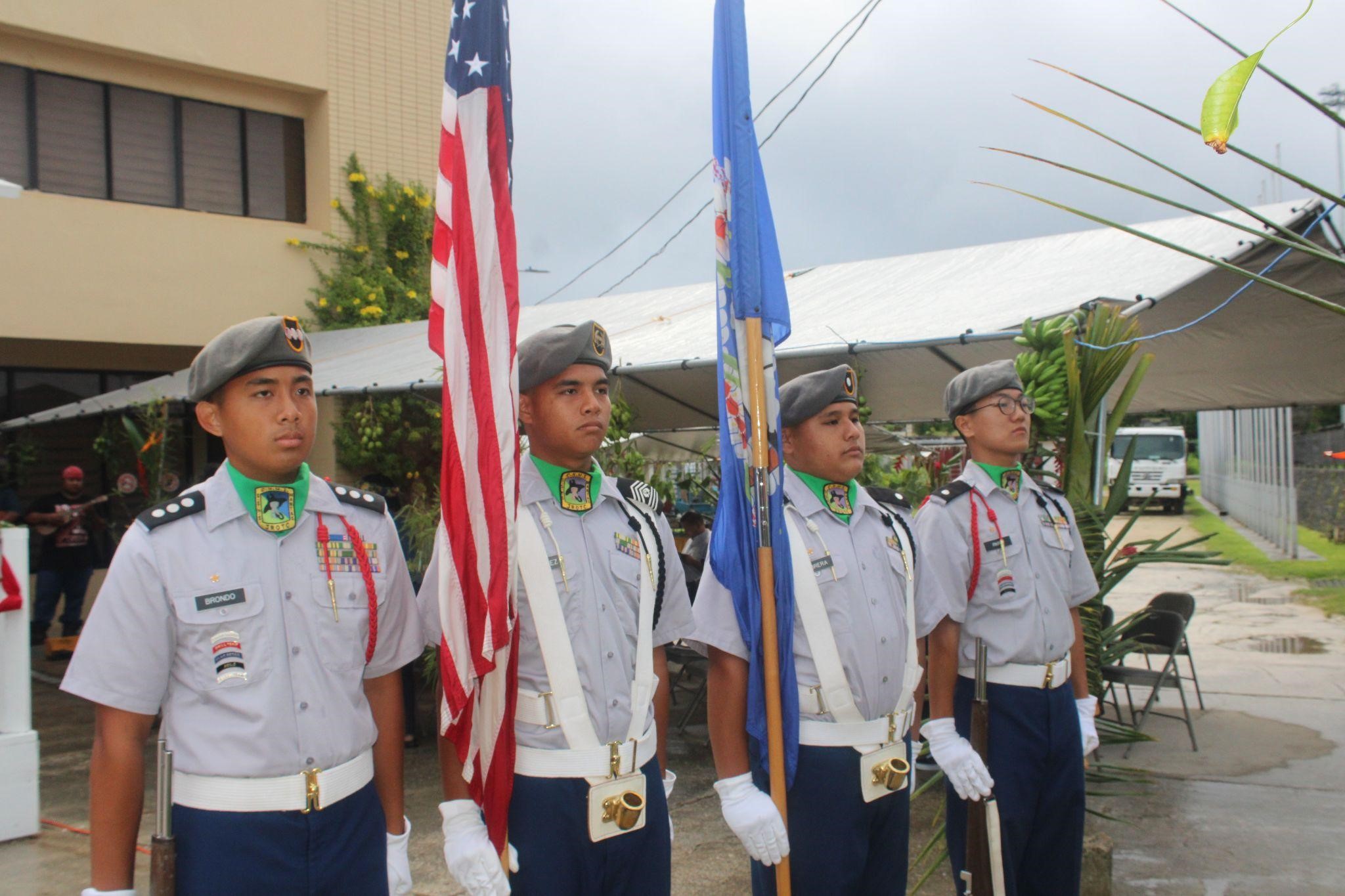 The SSHS Manta Ray Battalion Color Guard team was commanded by C/CSM Villagomez, Anthony who held the U.S. flag. His left guard is C/CPT Brondo, John, while his right guard is C/2LT Park, Ji Seong. C/2LT Cabrera, Antonio held the CNMI Flag.