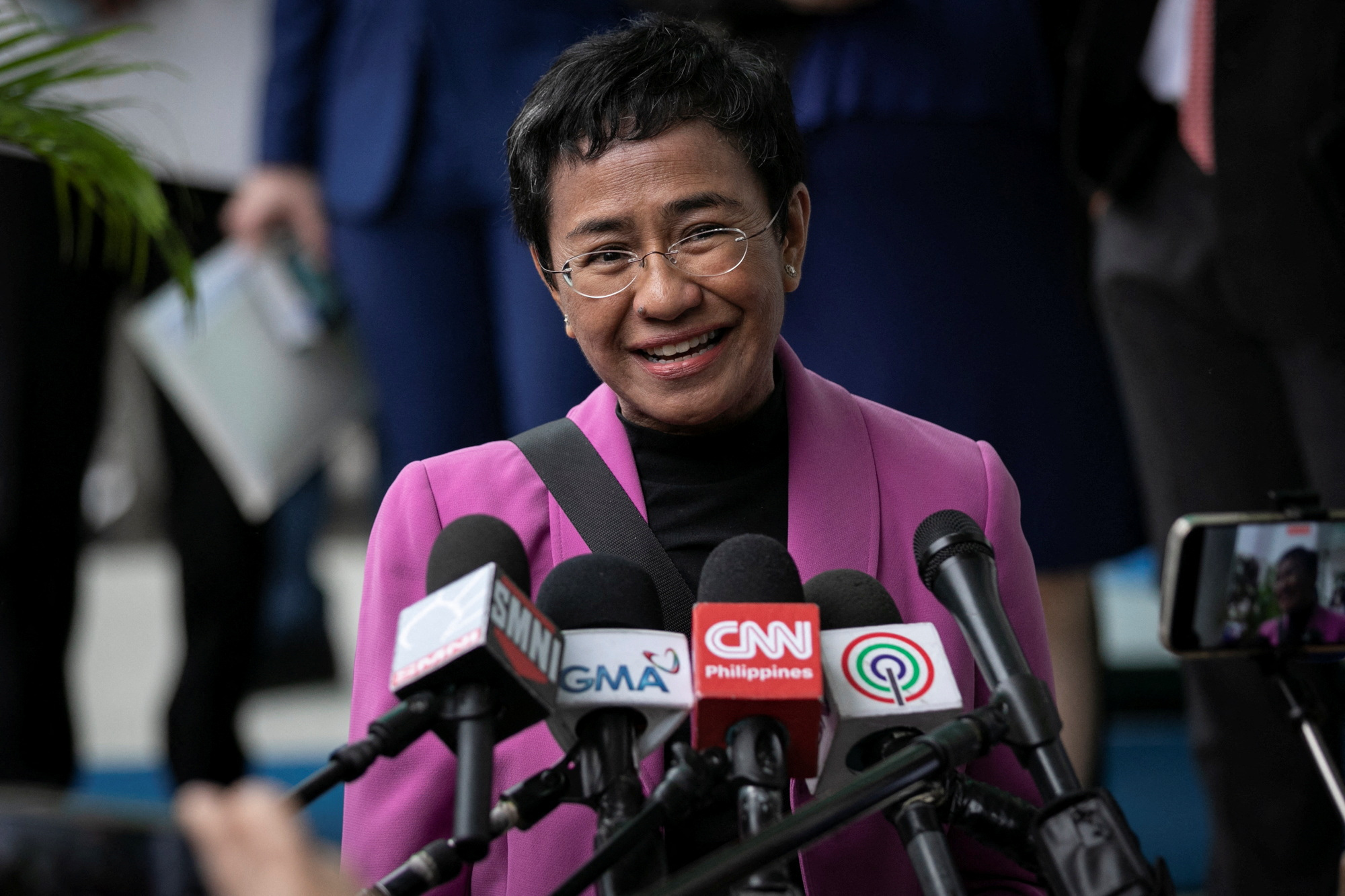 Rappler CEO and Nobel laureate Maria Ressa speaks to the press after a Manila court acquitted her from a tax evasion case, outside the Court of Tax Appeals in Quezon City, Metro Manila, the Philippines, Jan. 18, 2023.