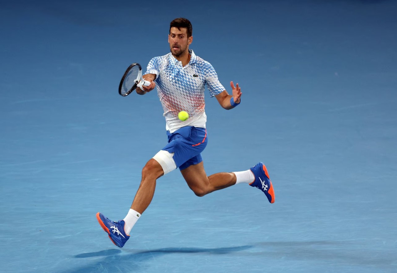 Serbia’s Novak Djokovic in action during his quarter-final match against Russia’s Andrey Rublev in the Australian Open at Melbourne Park, Melbourne, Australia, Jan. 25, 2023.