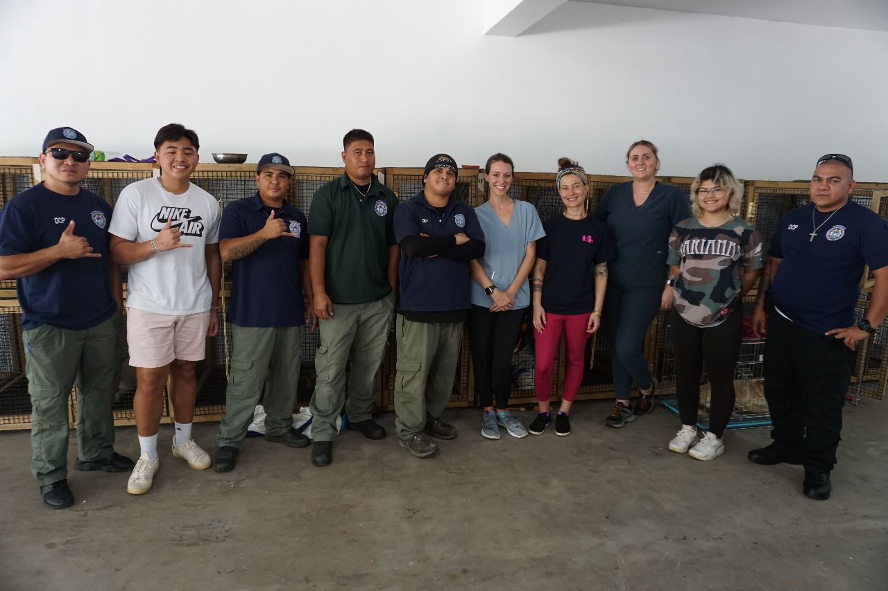 From left, Saipan Mayor’s Office Dog Control Program Manager Martin Pangelinan, volunteer Richard Castro, DCP employees Calvin Borja, Simion Nepayo and Derek Deleon Guerrero, Boonie Flight Project Founding Partner Lauren Cabrera, Guam Animals in Need Director Alison Hadley, GAIN volunteer Emily Hurtt, volunteer Kiana Propst and DCP employee Leemark Deleon Guerrero.