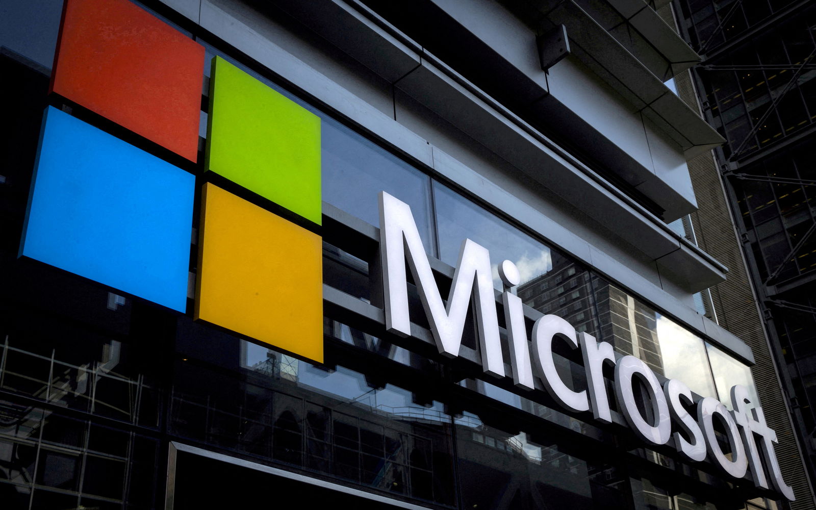 A Microsoft logo is seen on an office building in New York City on July 28, 2015.