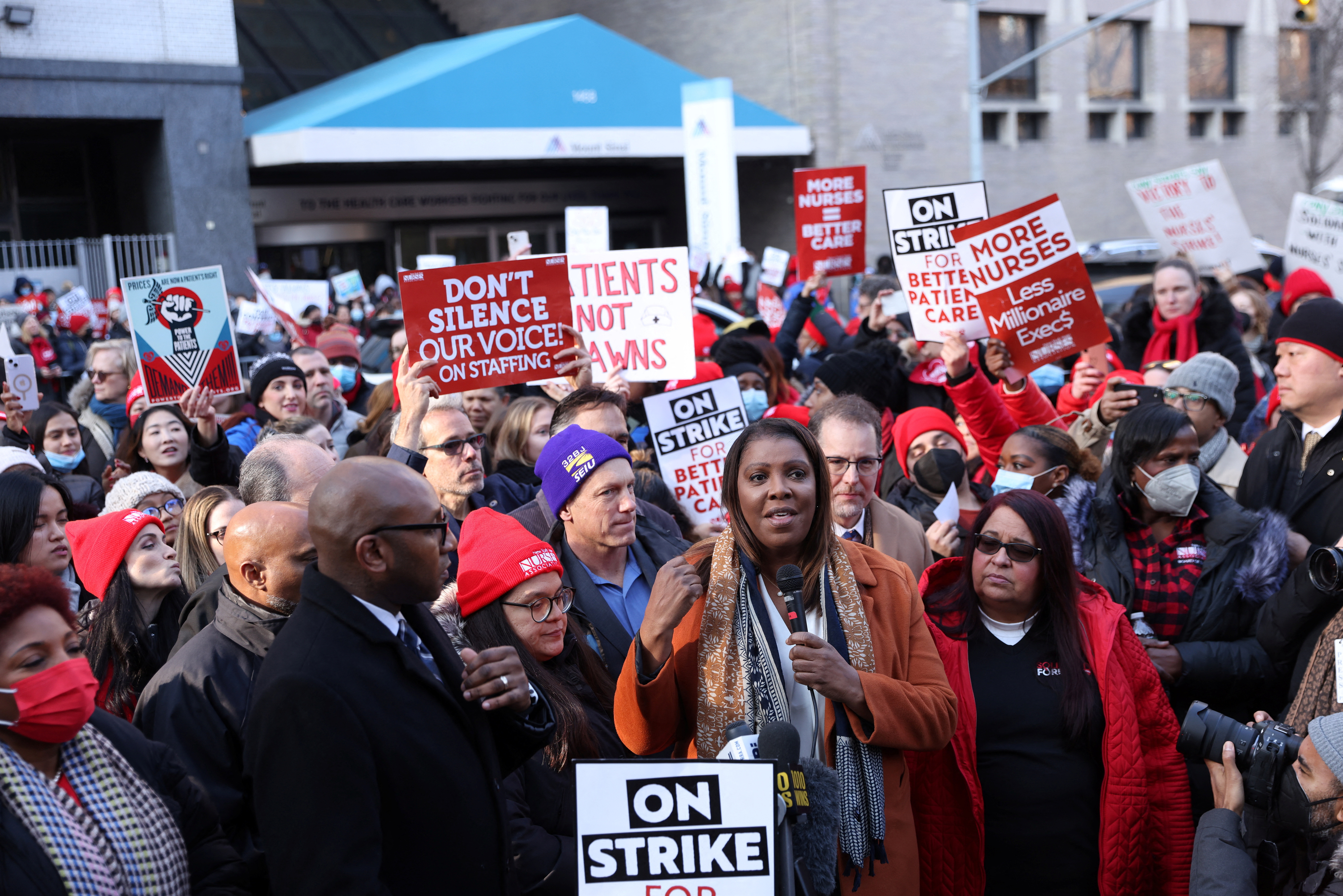Attorney General of New York Letitia James speaks as NYSNA nurses walk off the job to go on strike at Mount Sinai Hospital in New York City, Jan. 9, 2023.