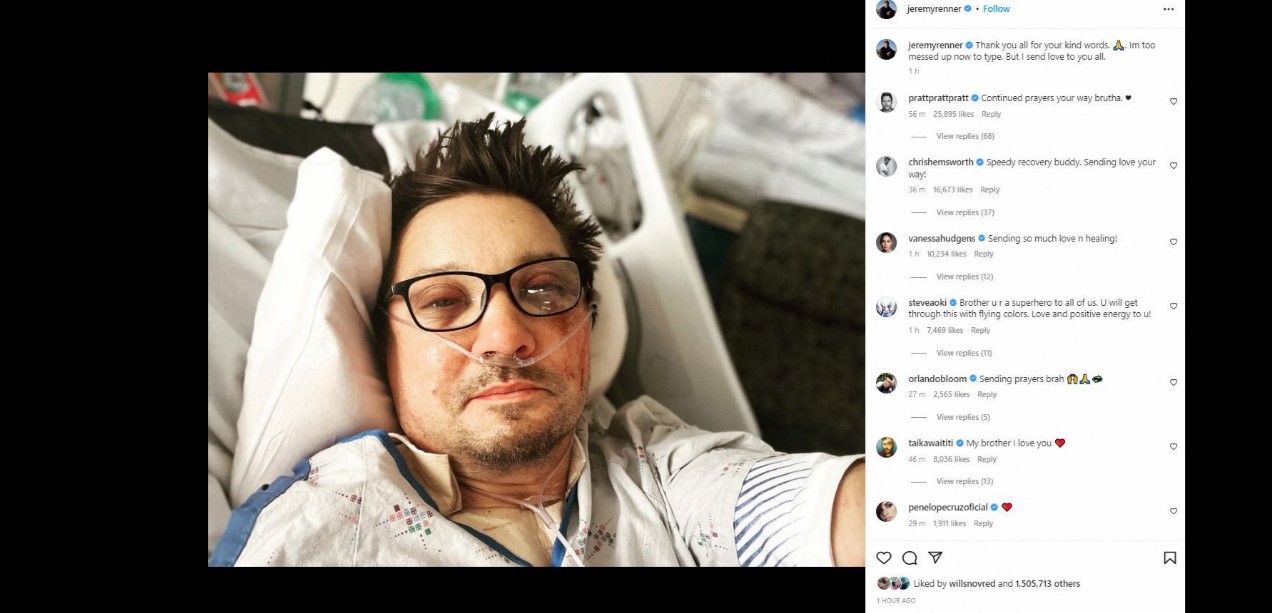 A screen grab shows a selfie of actor Jeremy Renner on a hospital bed, posted on Instagram with a caption reading, "Thank you all for your kind words. Im too messed up now to type. But I send love to you all" in this picture obtained from social media on Jan. 3, 2023.