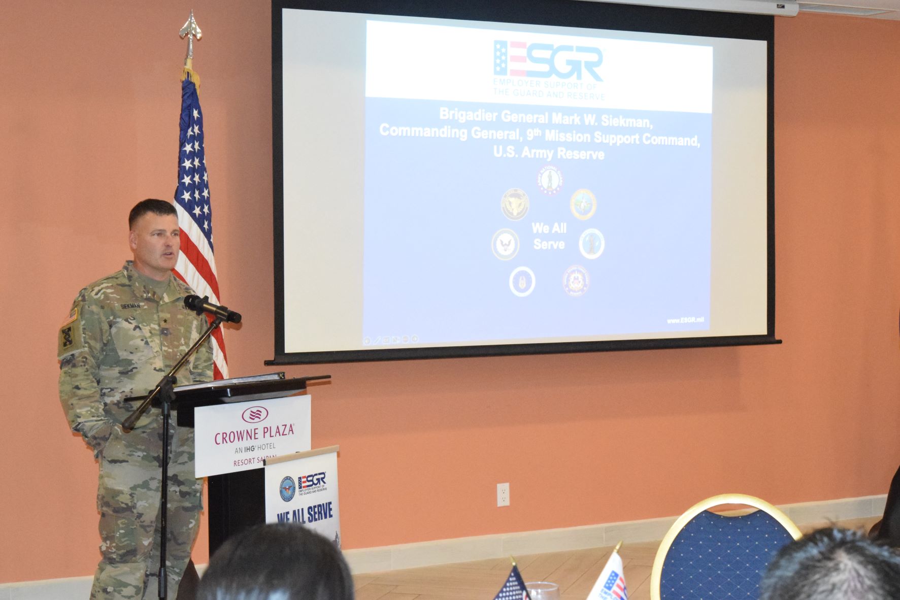 Brig. Gen. Mark W. Siekman, commanding general  of the U.S. Army Reserve's 9th Mission Support Command, delivers his remarks during a “Lunch with the Boss” for Reservists, National Guard members and their employers at the Crowne Plaza Resort Saipan on Thursday.