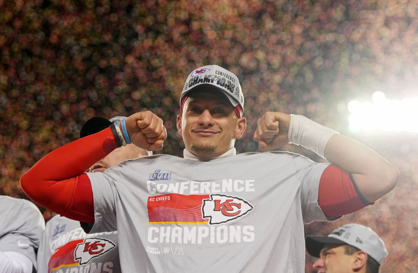 Kansas City Chiefs quarterback Patrick Mahomes (15) celebrates after winning the AFC Championship game against the Cincinnati Bengals at GEHA Field at Arrowhead Stadium in Kansas City, Missouri, Jan. 29, 2023.