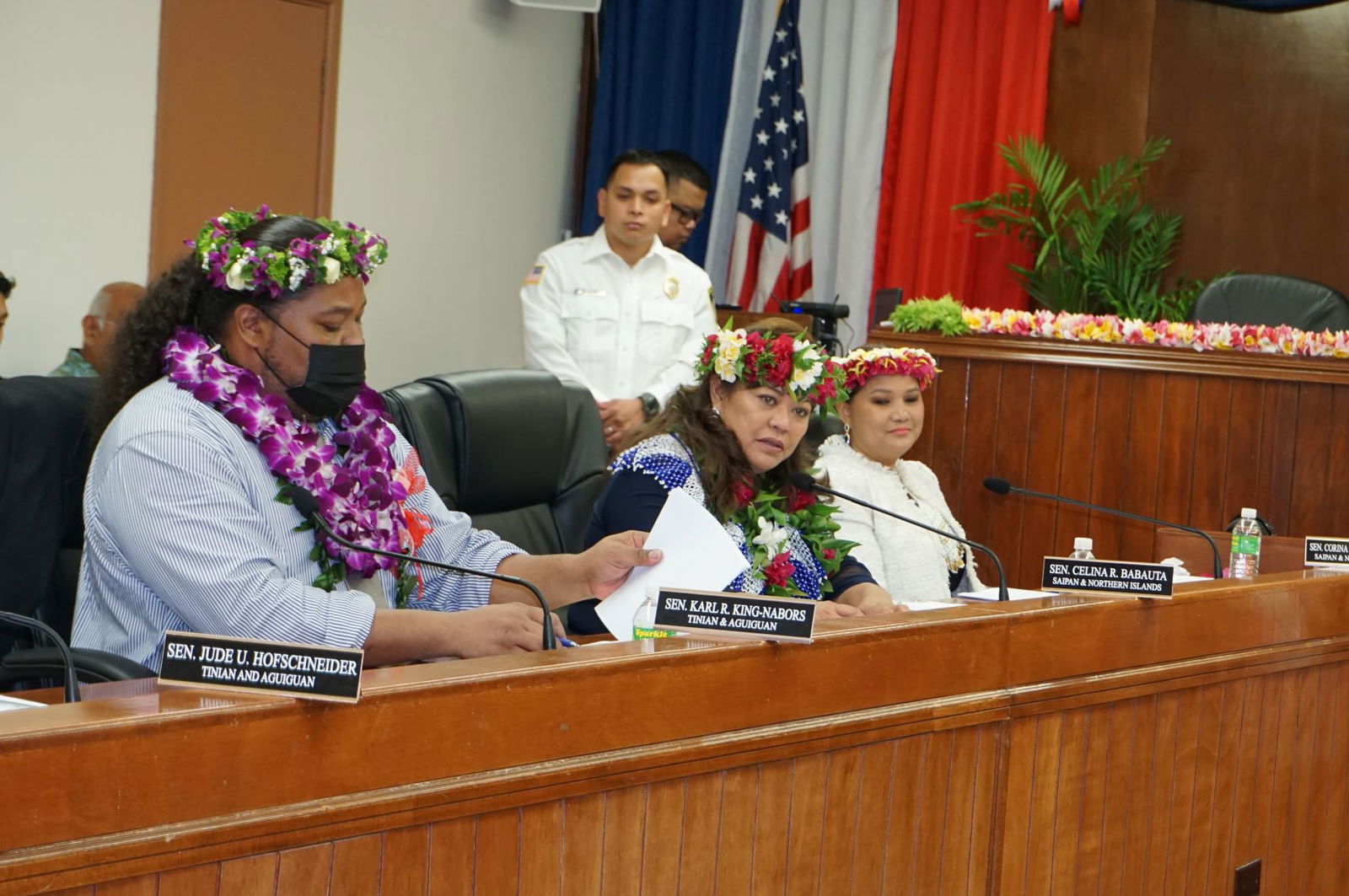 Sen. Celina R. Babauta delivers her speech as Senate Floor Leader Corina L. Magofna, right, and Sen. Karl King-Nabors listen during the 23rd Senate’s inaugural session on Monday.