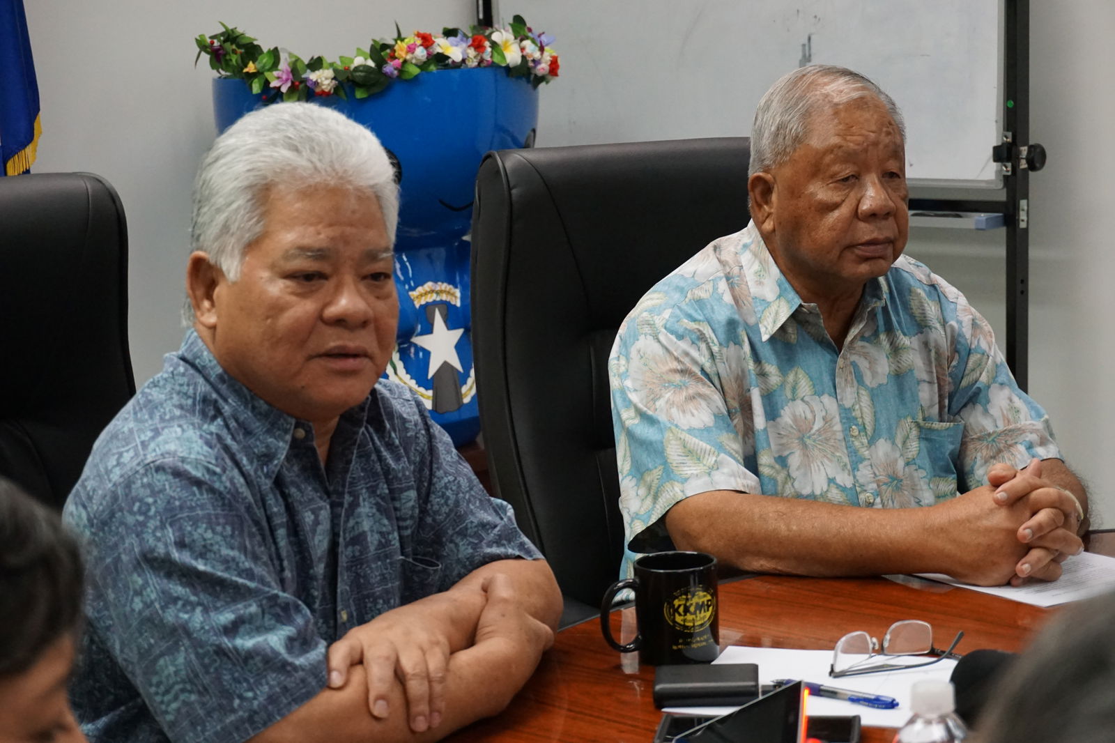 Gov. Arnold I. Palacios and Lt. Gov. David M. Apatang hold their first press conference on Wednesday afternoon in the governor's conference room.