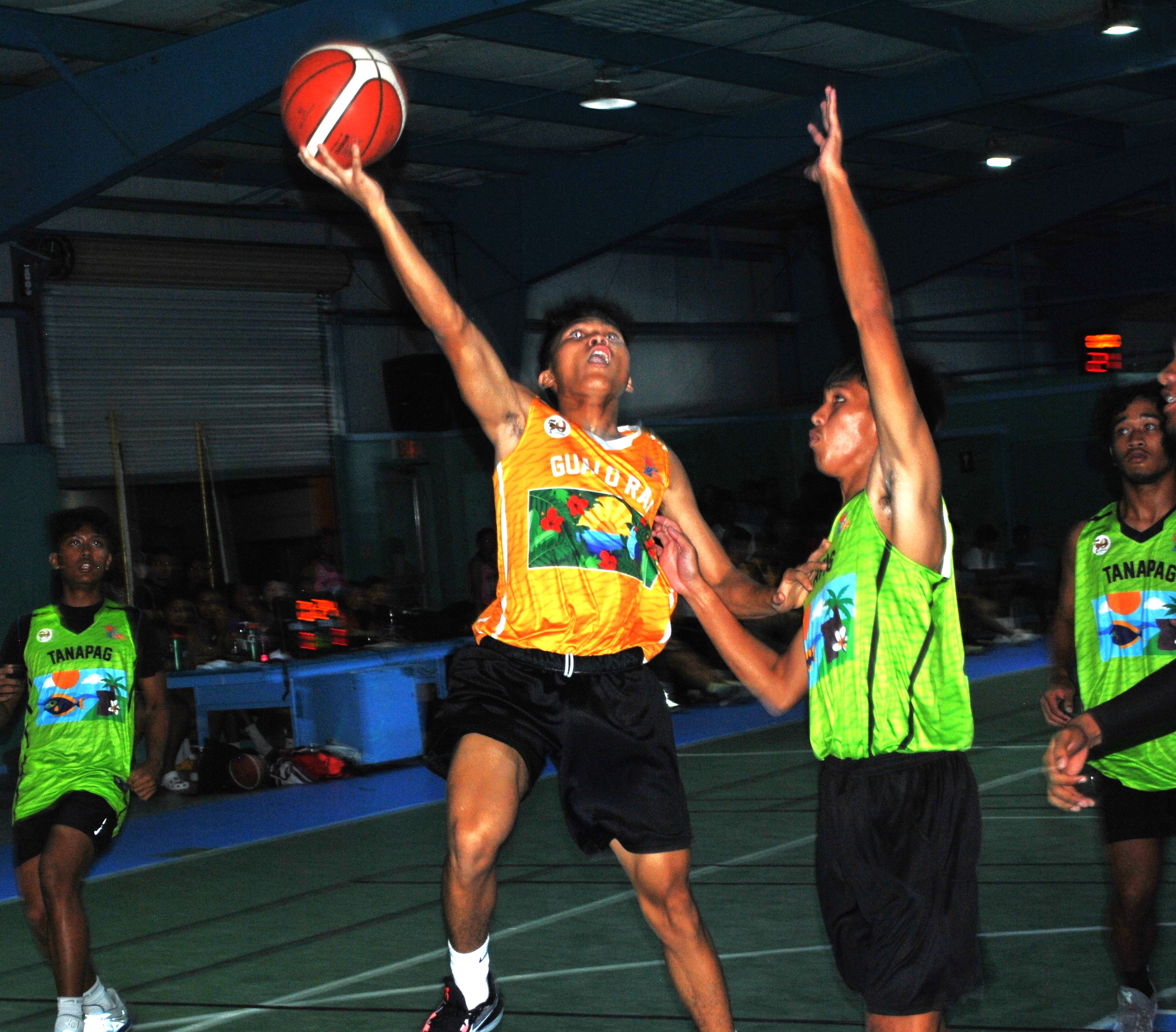 Gualo Rai's Lucio Aldan extends for the finish during a U18 boys division game of the 2022 Marianas Village Pride Basketball League at the TSL Sports Complex.