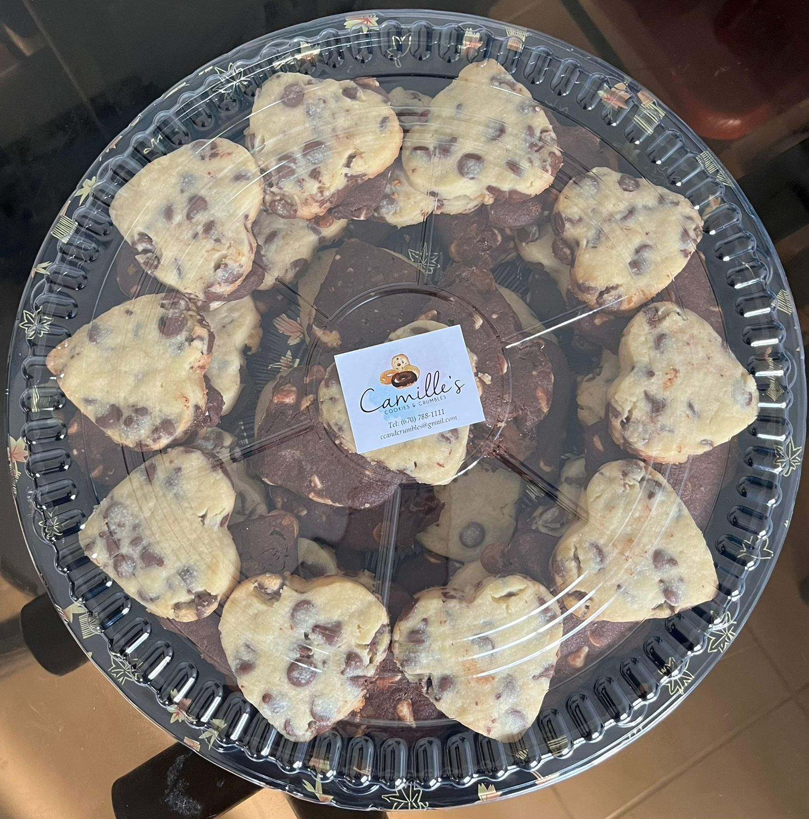 A tray filled with Camille's Cookies and Crumbles' heart-shaped cookies.