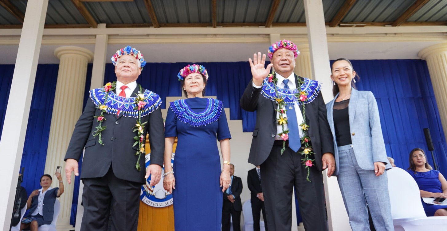 From left, Gov. Arnold I. Palacios, first lady Wella Palacios, Lt. Gov. David M. Apatang and daughter Elaine Apatang at the conclusion of the inauguration ceremony Monday morning at the multi-purpose center in Susupe.