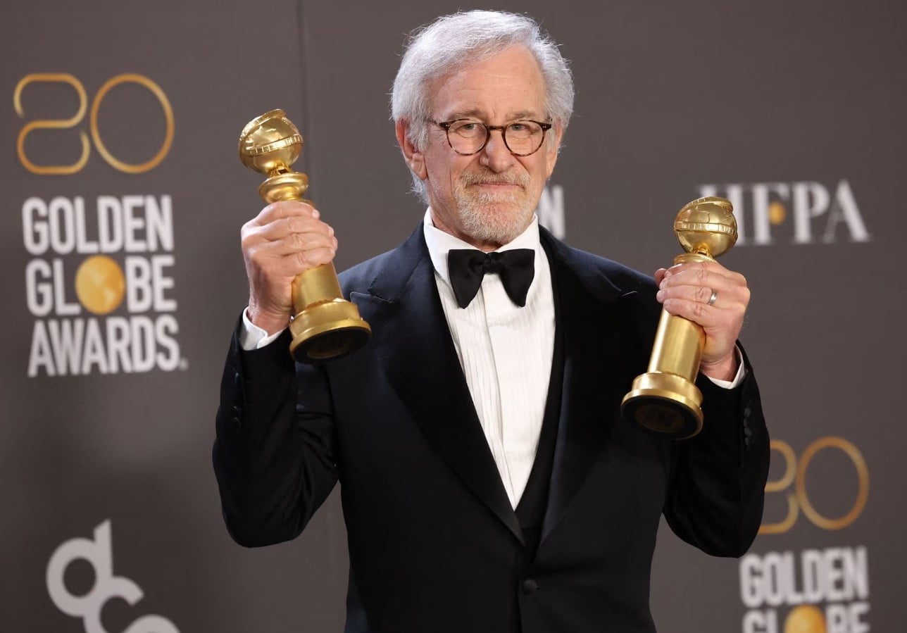 Steven Spielberg poses with his awards for Best Director in a Motion Picture and Best Picture Drama for "The Fabelmans" at the 80th Annual Golden Globe Awards in Beverly Hills, California, Jan. 10, 2023.
