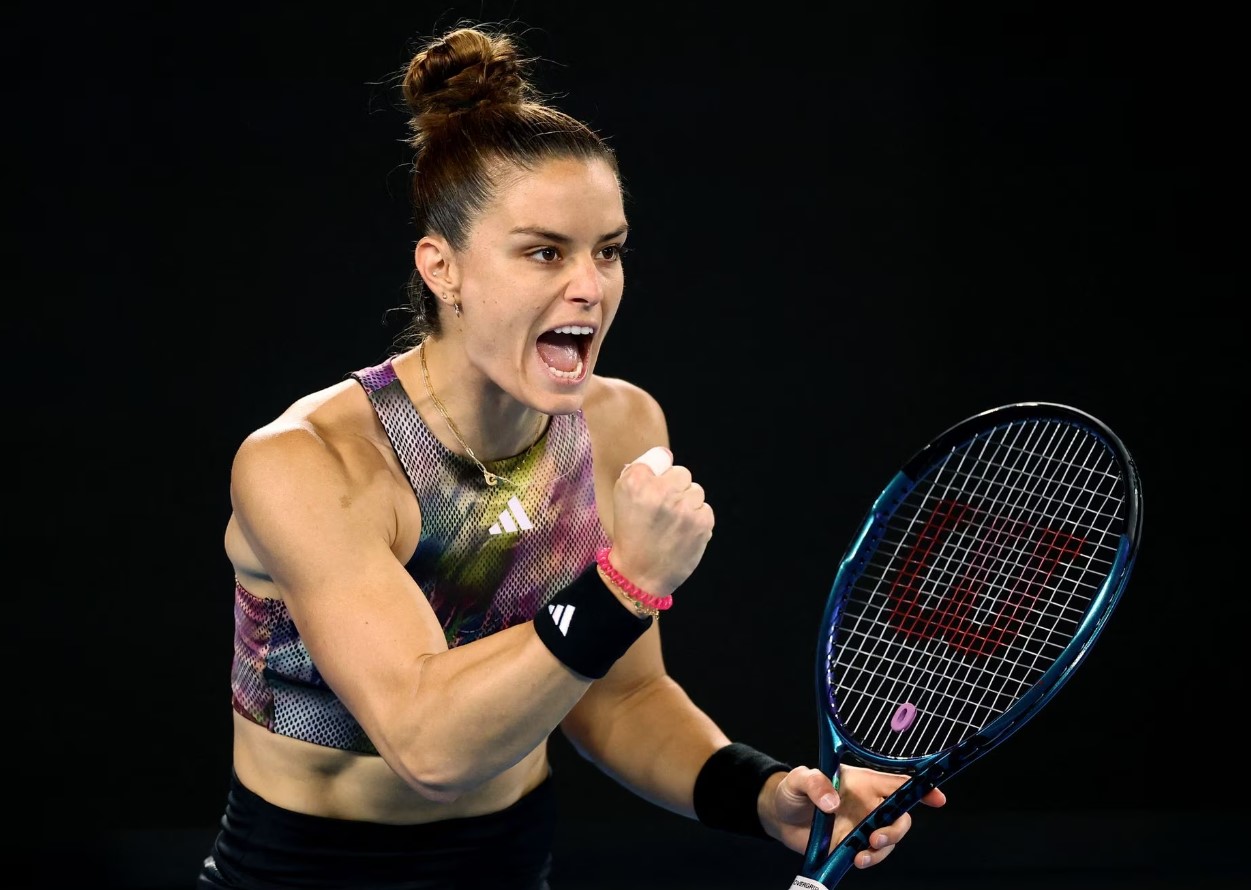 Greece's Maria Sakkari reacts during her second round match against Russia's Diana Shnaider at Melbourne Park in Melbourne, Australia  on Jan. 18, 2023.