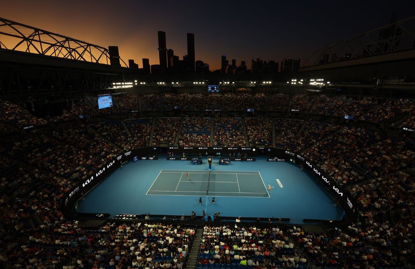 General view of the first round match between Germany's Jule Niemeier and Poland's Iga Swiatek at Melbourne Park in Melbourne, Australia on Jan. 16, 2023