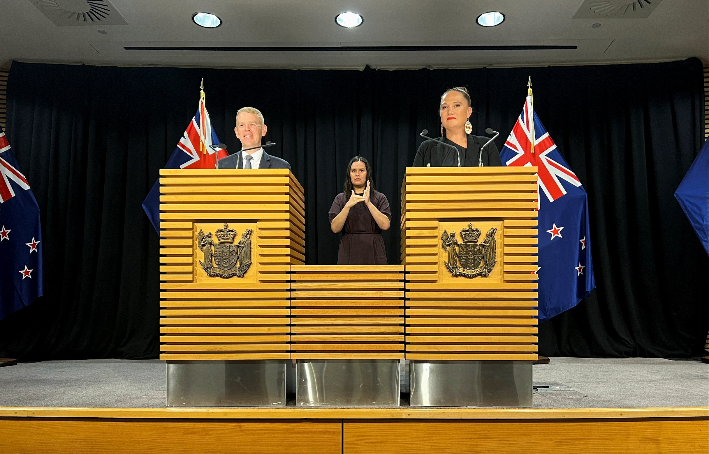 Chris Hipkins and Carmel Sepuloni attend a news conference after being confirmed as the new prime minister and deputy prime minister in Wellington New Zealand, Jan. 22, 2023.