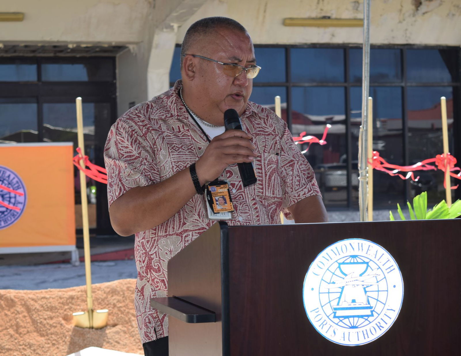 Commonwealth Ports Authority Executive Director Christopher Tenorio delivers his remarks during a groundbreaking ceremony at the Francisco C. Ada/Saipan International Airport in Nov. 2022.