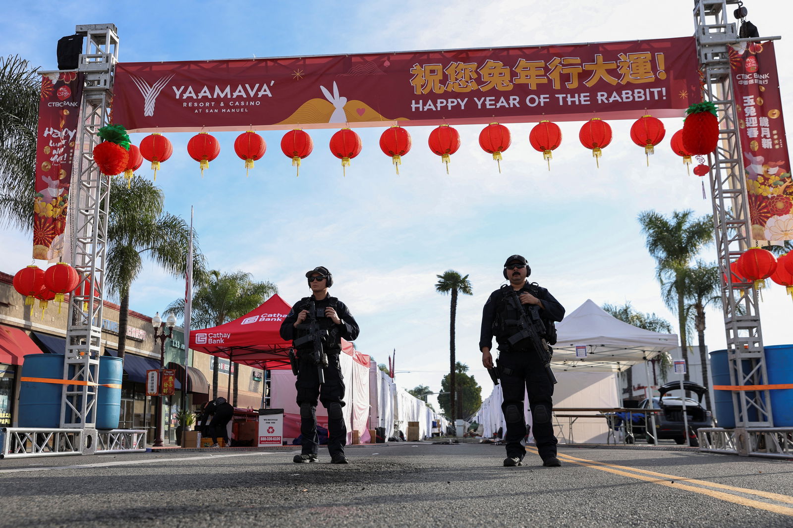 Police officers guard the area near the location of a shooting that took place during a Chinese Lunar New Year celebration, in Monterey Park, California on Jan. 22, 2023.