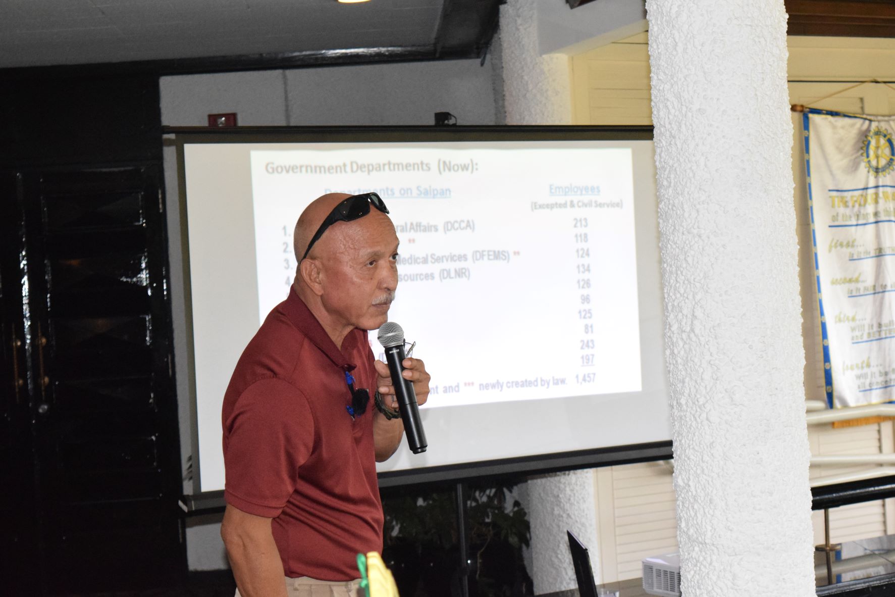 Office of Personnel Management Employee Development & Staffing Chief Joseph Pangelinan speaks during the Rotary Club of Saipan’s luncheon meeting at Hyatt Regency Saipan's Giovanni's Restaurant on Tuesday.