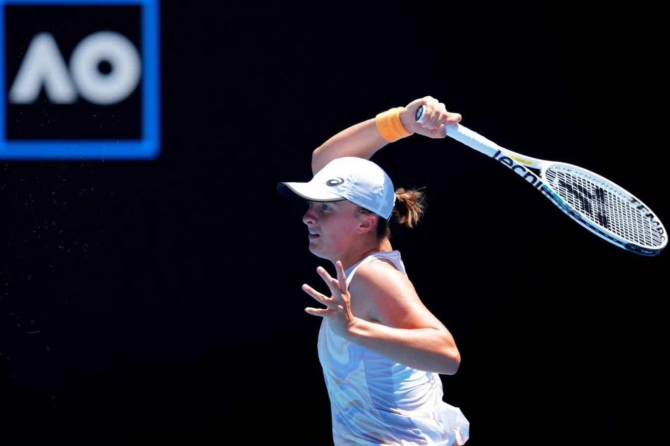 Poland's Iga Swiatek in action during her fourth round match against Kazakhstan's Elena Rybakina at Melbourne Park in Melbourne, Australia on Jan. 22, 2023.