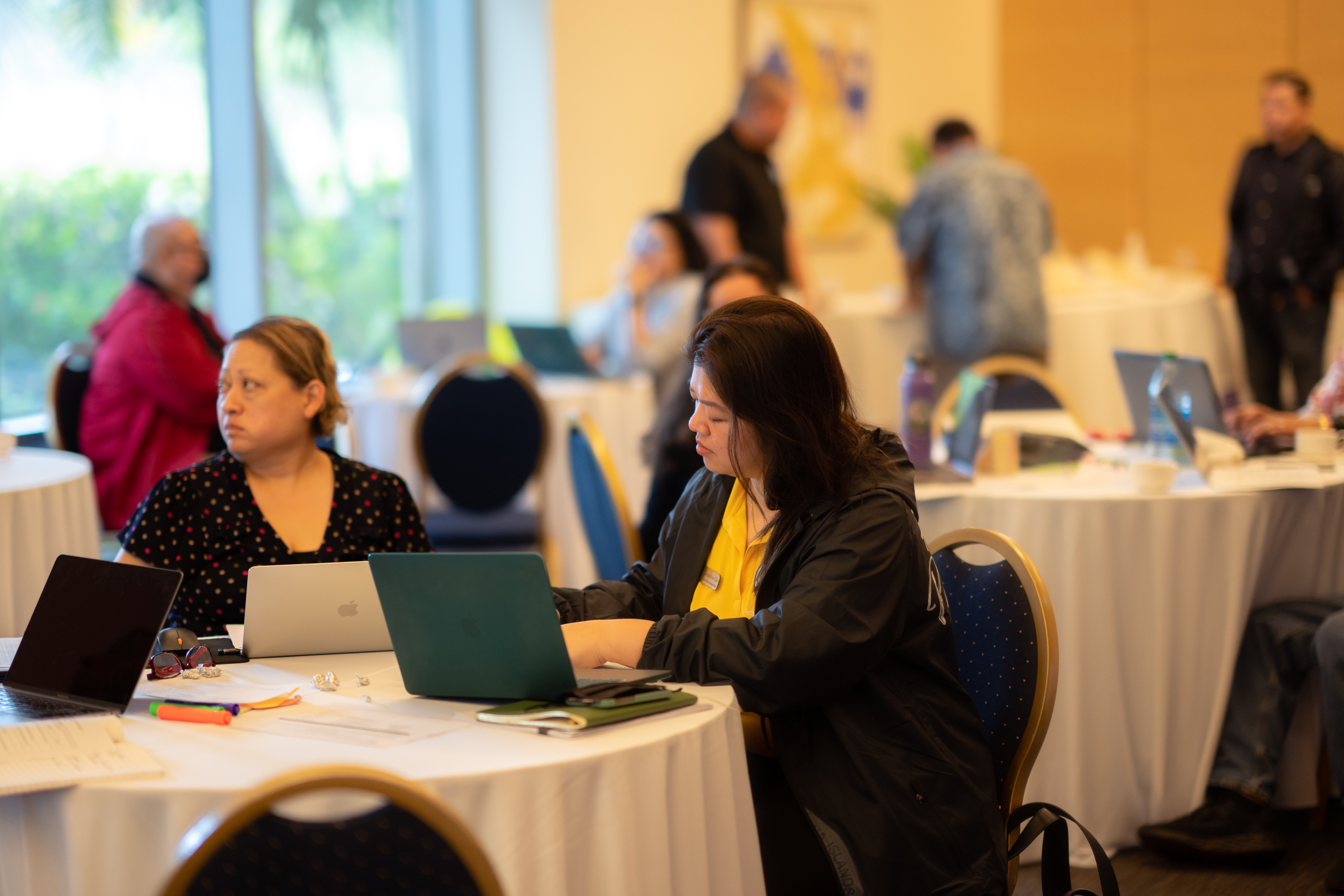Federal Programs Office Interim Director Jacqueline Che, right, and Career Technical Education Program Director Dr. Jessica Taylor participate in an after-action review of the Public School System’s ARPA implementation plan.
