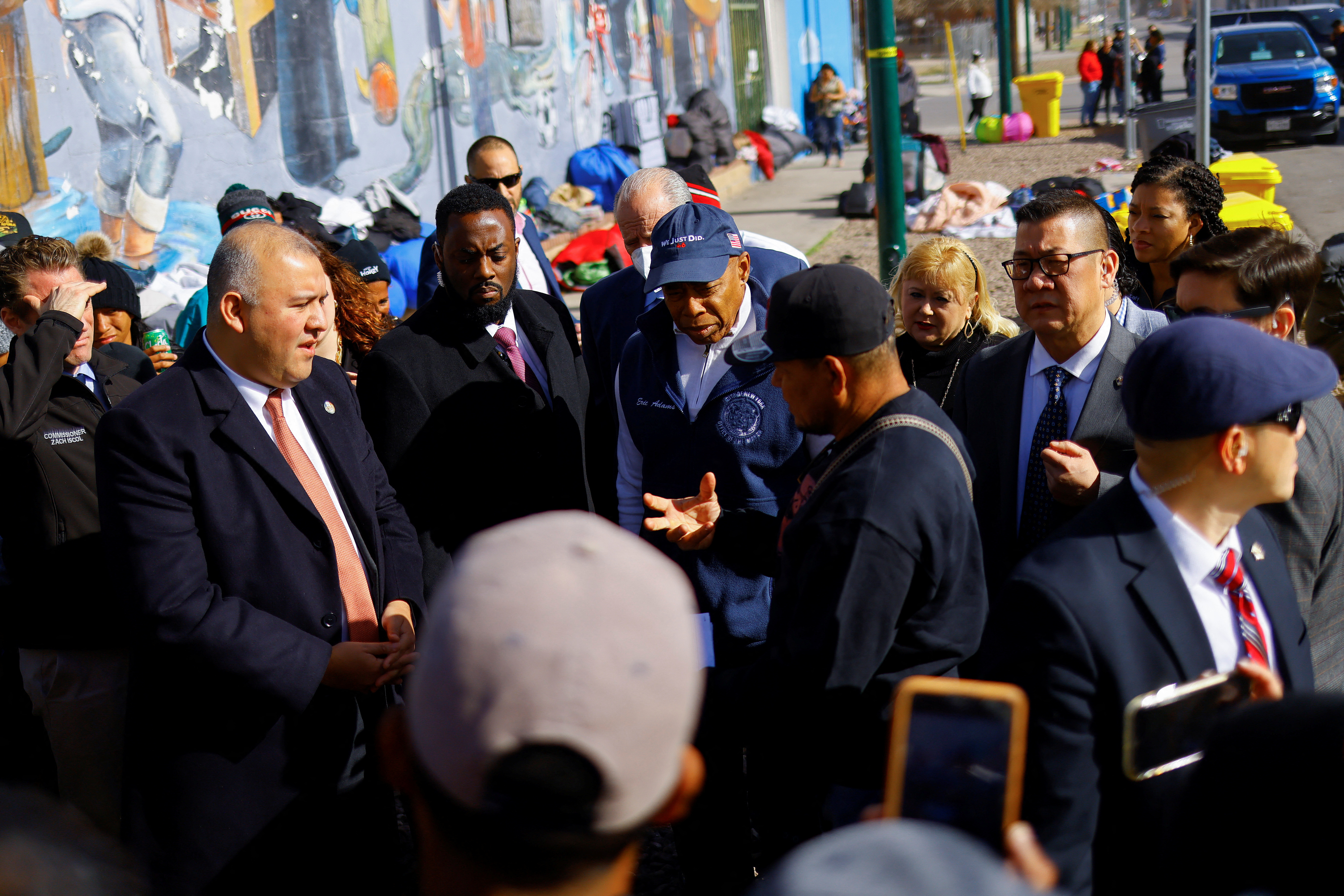 New York City Mayor Eric Adams stands outside a shelter during his visit to discuss immigration with local authorities in El Paso, Texas, Jan. 15, 2023.