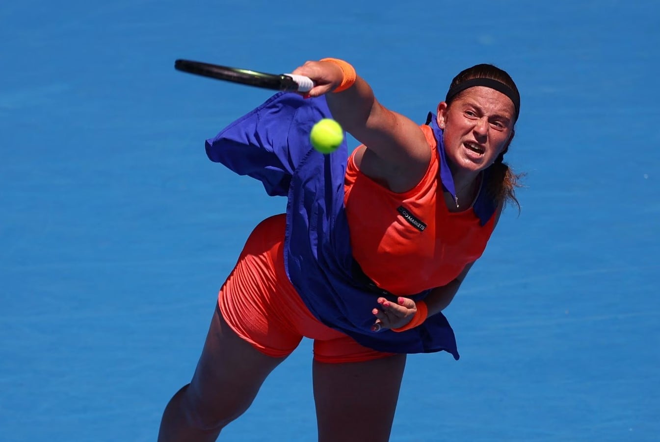 Latvia's Jelena Ostapenko in action during her fourth round match against Coco Gauff of the U.S. at Melbourne Park in Melbourne, Australia on Jan. 22, 2023.