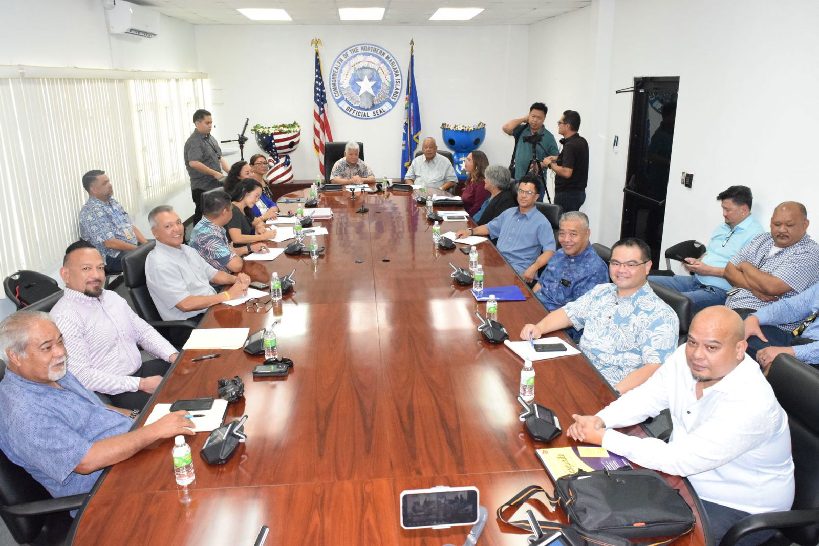 Gov. Arnold I. Palacios and Lt. Gov. David M. Apatang conduct a press conference with the cabinet appointees and House members in the governor's conference room at the administration building on Wednesday.