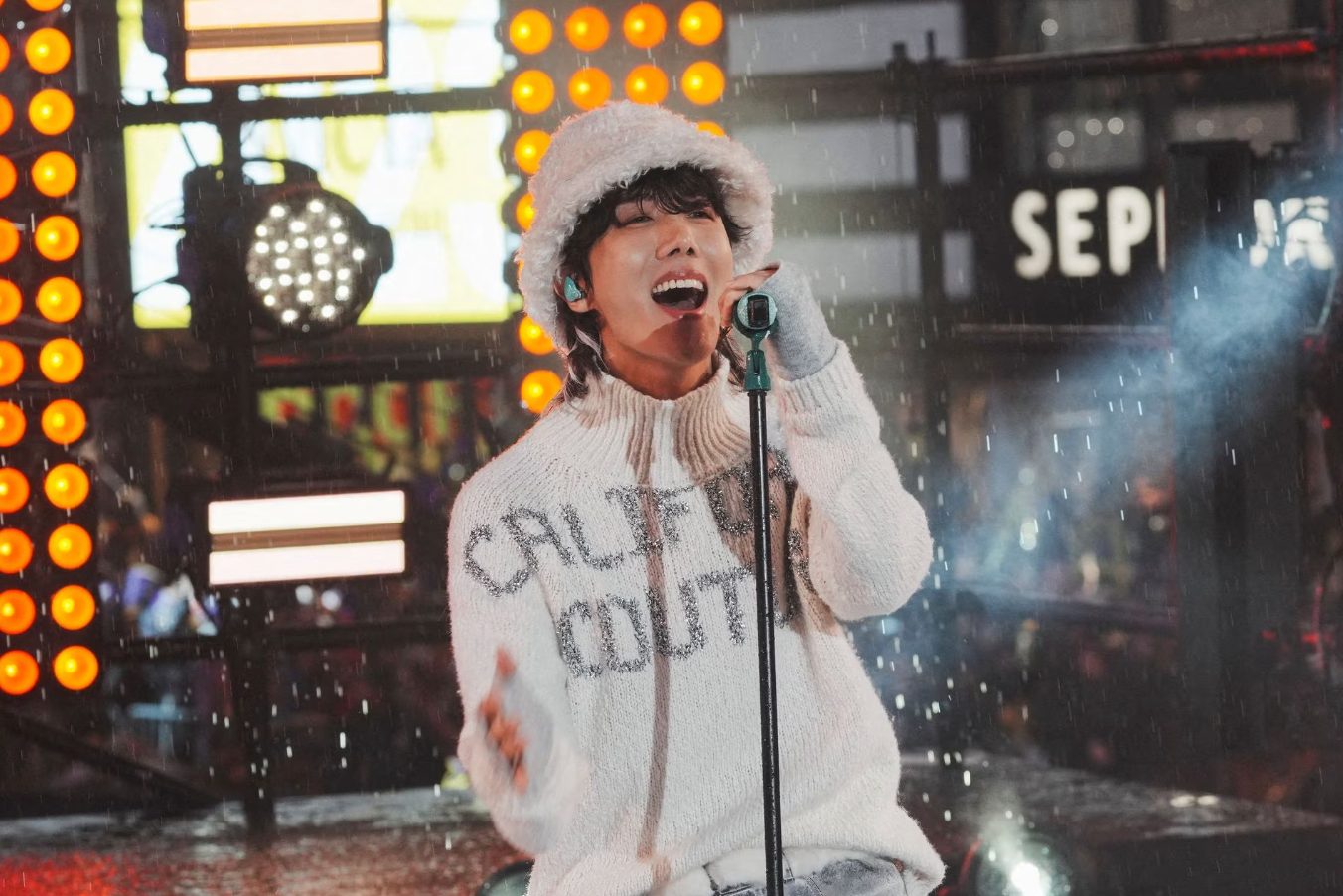 j-hope performs in Times Square during a New Year's Eve event in the Manhattan borough of New York City, Dec. 31, 2022.