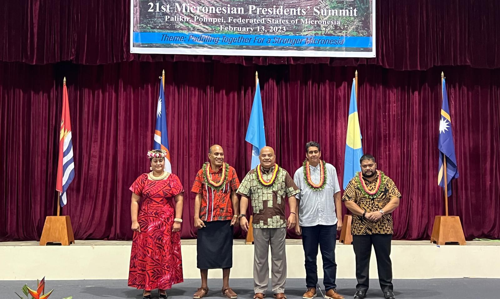 From left, Kitlang Kabua, foreign minister of  the Republic of  the Marshall Islands; Taneti Maamau, president of  Kiribati;  David W. Panuelo, president of  the FSM; Surangel S. Whipps Jr., president of  the Republic of  Palau; and Russ Kun, president of  the Republic of  Nauru.