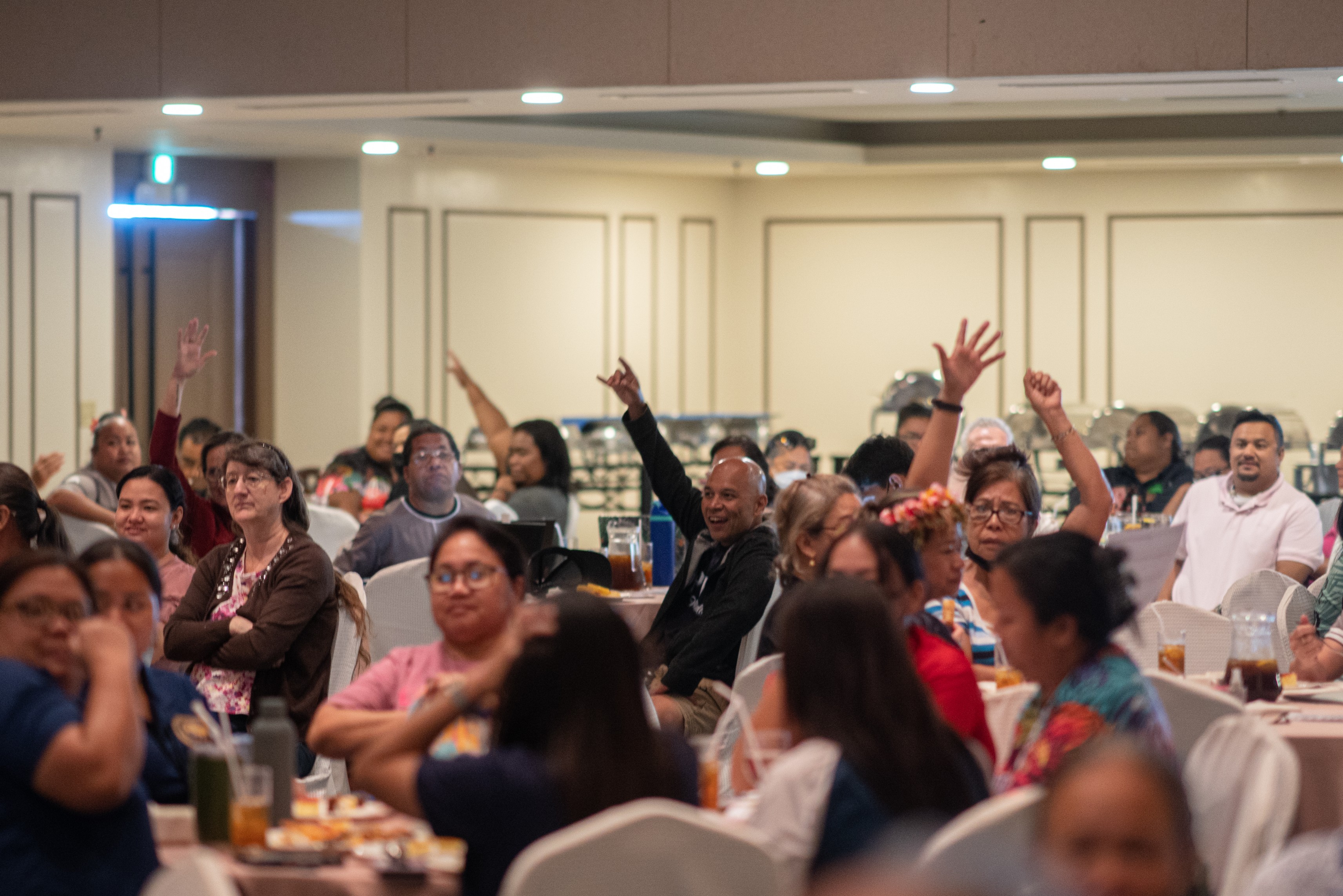 Administrators and personnel from Koblerville Elementary School, Hopwood Middle School and Marianas High School participate in the opening ceremony of the four-day meeting Monday at the Saipan World Resort.