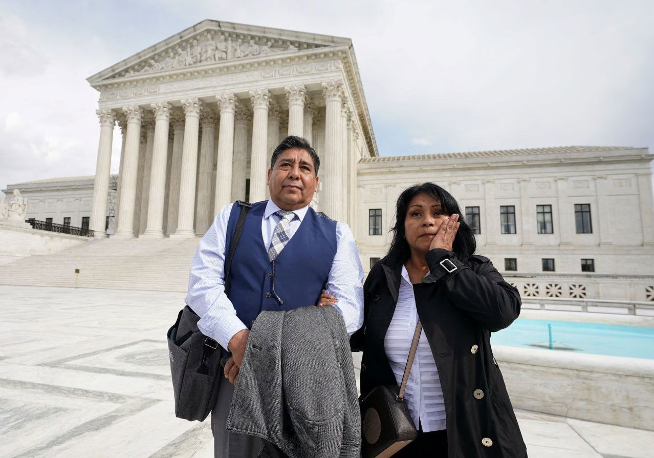 Beatriz Gonzalez and Jose Hernandez, the mother and stepfather of Nohemi Gonzalez who was fatally shot in the 2015 Paris attacks, stand outside the U.S. Supreme Court after justices heard arguments in Gonzalez v. Google in Washington, D.C., Feb. 21, 2023.