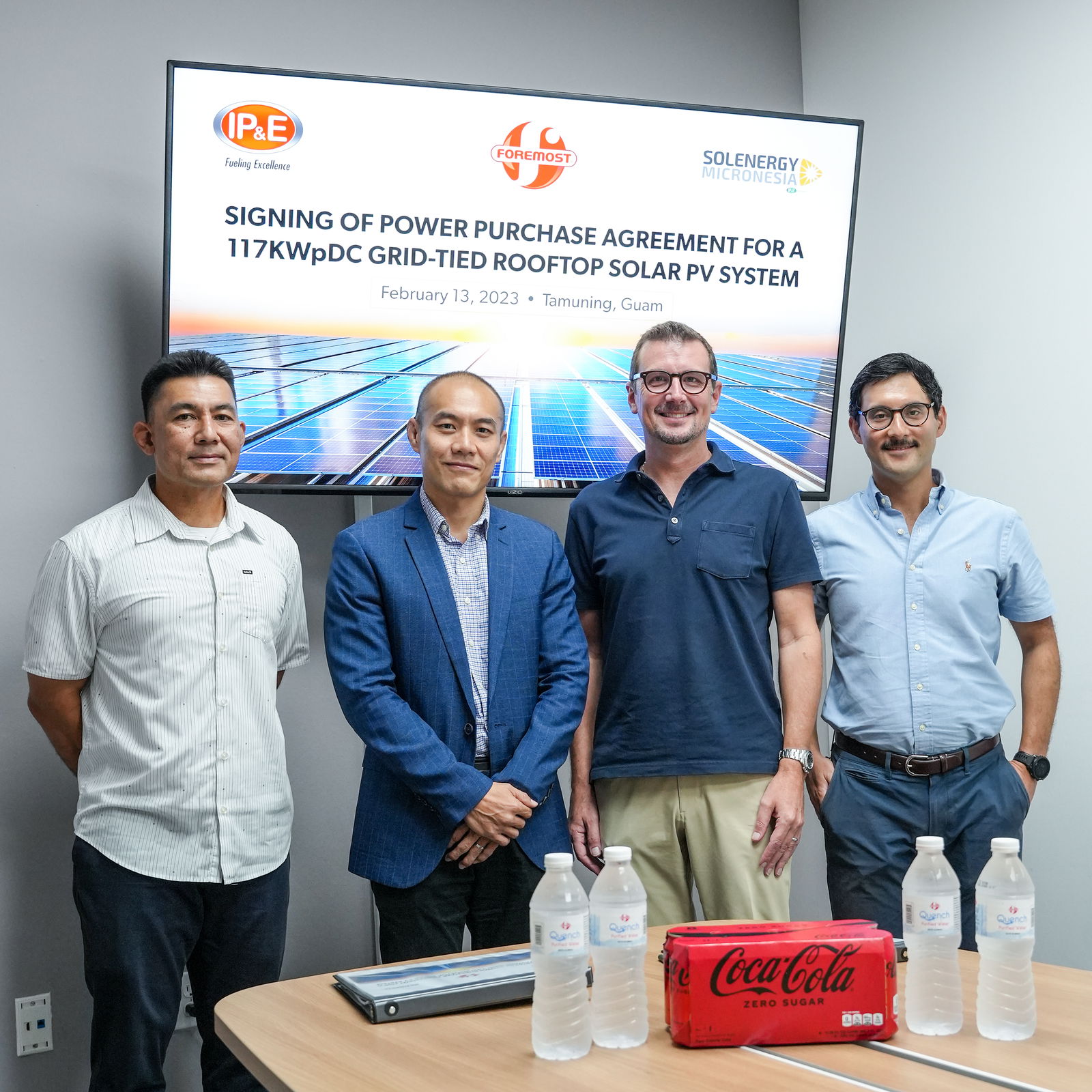 Pictured from left, Brian J. Bamba, managing director, IP&E Holdings LLC; Marcos W. Fong, CEO, Foremost Foods, Inc. and Coca-Cola Beverage Co. (Guam) Inc.; L. James Beighley, CEO, CPL Pacific, and chairman, Solenergy Micronesia; and Christopher H. de Leon, general manager, Solenergy Micronesia.