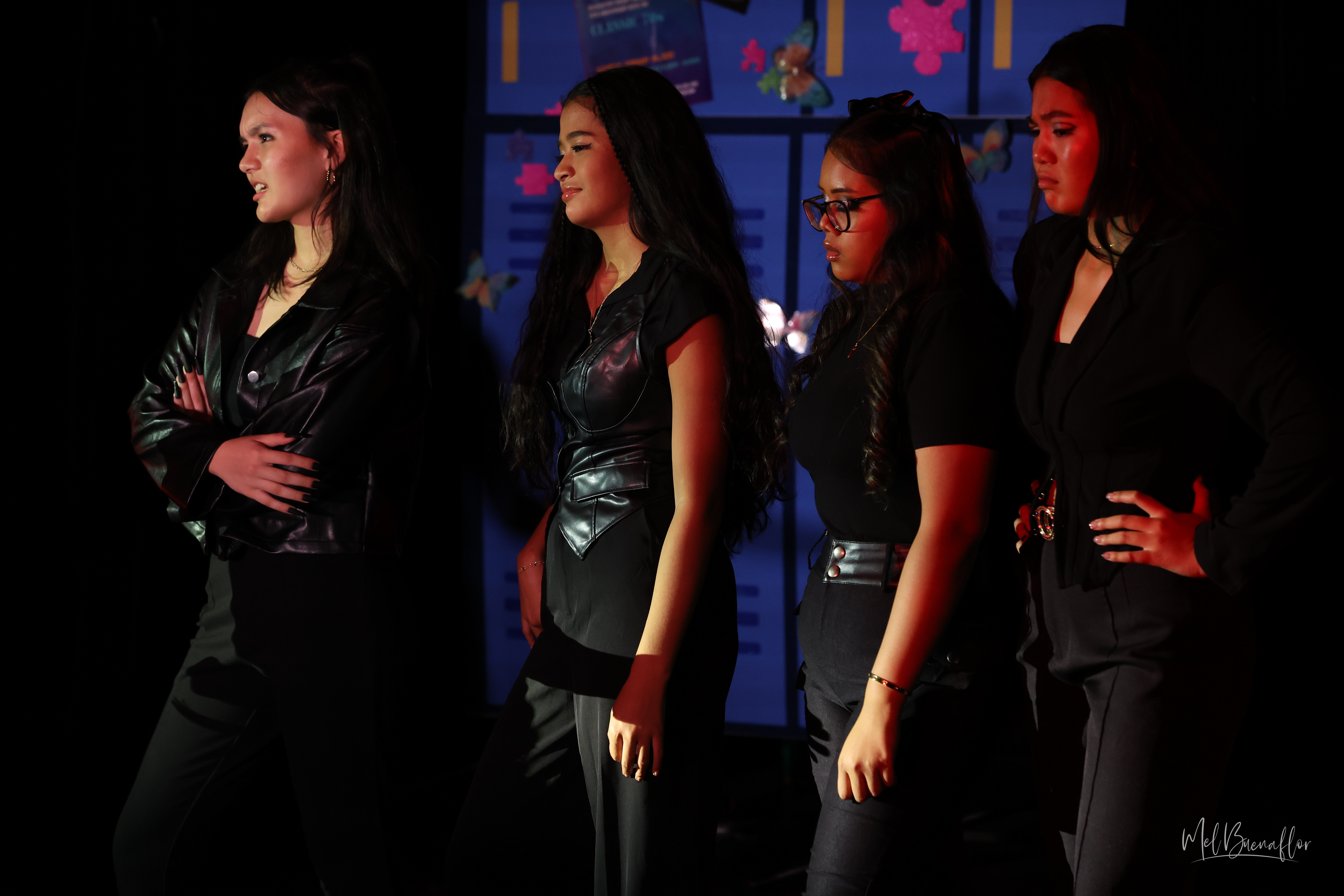 Brissa Concepcion Hunter, far left, as the show’s main villain, Regina, joins the stage with her court of mean girls, from left, Karol, played by Maili Ilareyo'l Borja Peter, Kara, played by Moeisha Eleanor F. Cruz, and Karen, played by Kayannie Ilifighár Borja Peter