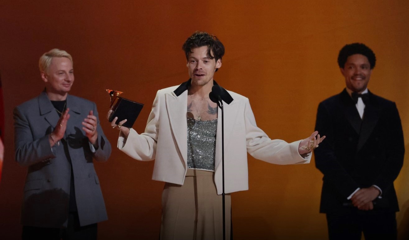 Harry Styles accepts the Album of the Year award for "Harry's House" during the 65th Annual Grammy Awards in Los Angeles, California, Feb. 5, 2023.