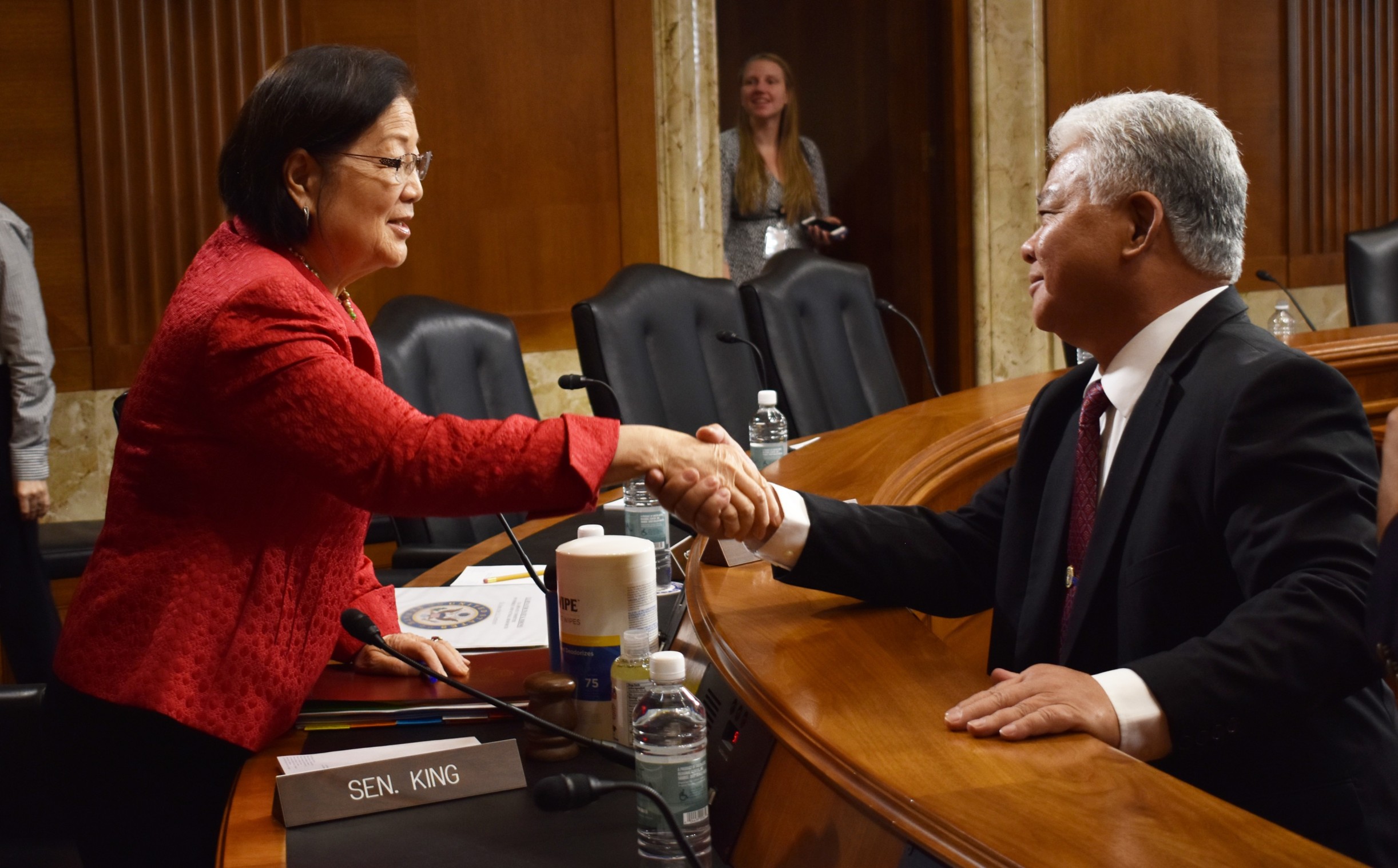 CNMI Gov. Arnold I. Palacios shakes hands with U.S. Senate Committee on Energy and Natural Resources member Sen. Mazie K. Hirono, D-HI, after testifying before the committee on Feb. 9, 2023. Governor Palacios provided a snapshot of the CNMI’s state of affairs, including some of the financial challenges that the Commonwealth is facing. He sought federal assistance to achieve economic stability which, he stated, was inextricably linked to the national interests of the U.S. and the region. The governor also asked committee members to help the CNMI address workforce issues by seeking flexibility with the U.S Workforce Act, to ease bottlenecks that are impeding infrastructure projects, and to support U.S. Congressman Gregorio Kilili Camacho Sablan’s Population Stabilization legislation.