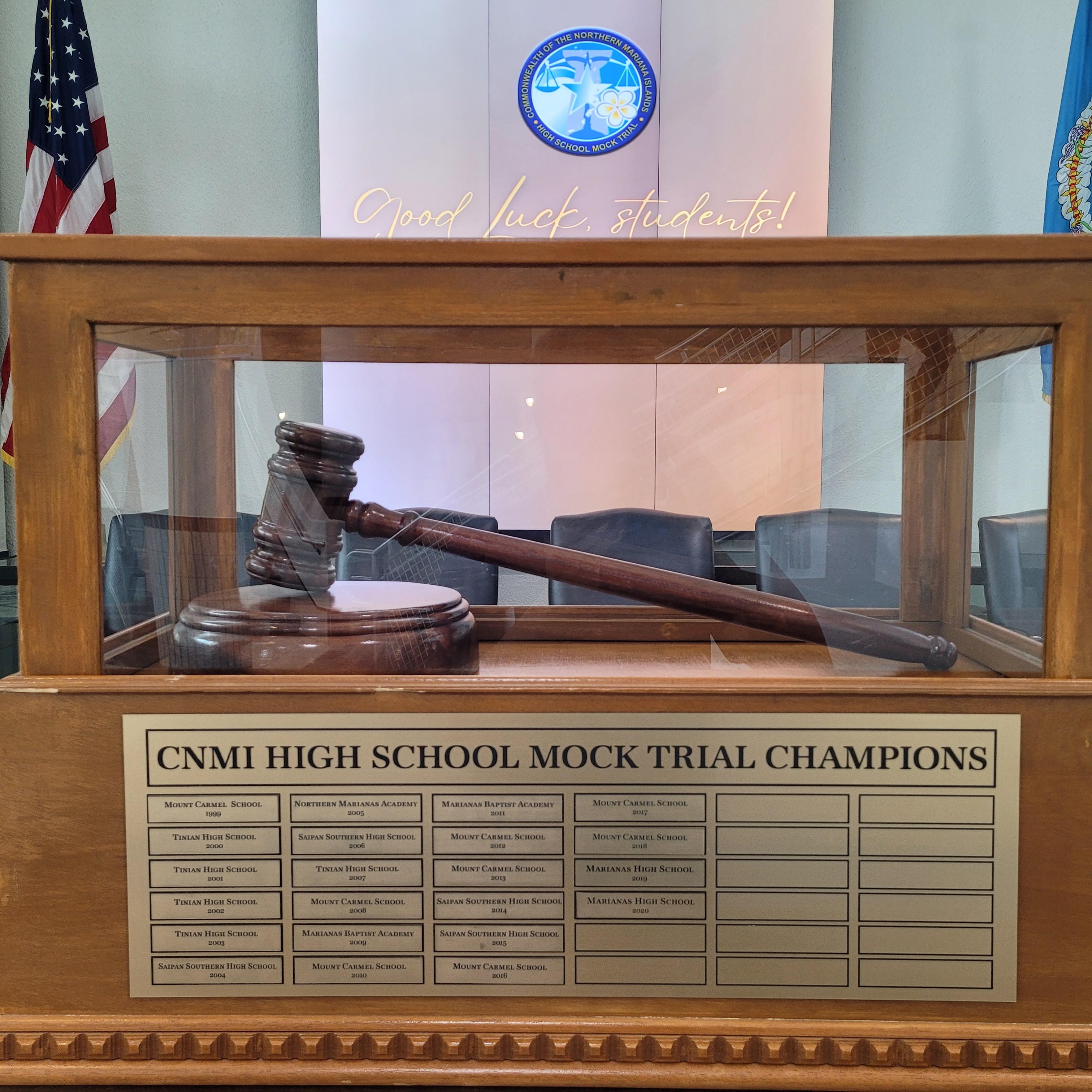 The mock trial perpetual gavel trophy is displayed at the Guma' Hustisia in Susupe.