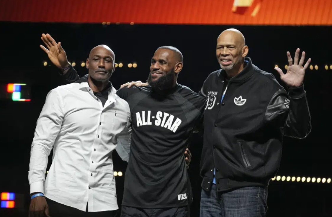 The top three all-time leading NBA scorers, LeBron James, Kareem Abdul-Jabbar and Karl Malone are seen during halftime of the NBA basketball All-Star game Sunday, Feb. 19, 2023, in Salt Lake City.