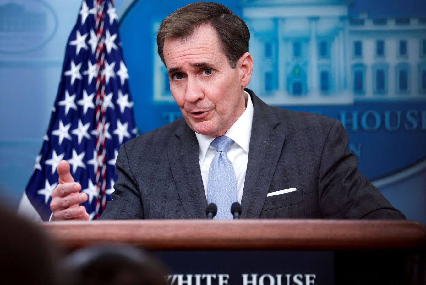 White House National Security Council Strategic Communications Coordinator John Kirby takes questions during the daily press briefing at the White House in Washington, D.C. Feb. 10, 2023.