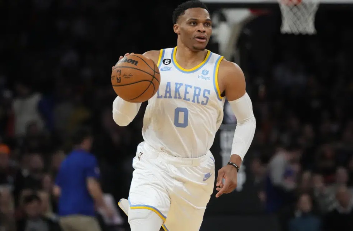Los Angeles Lakers' Russell Westbrook brings the ball up during the second half of the team's NBA basketball game against the New York Knicks on Jan. 31, 2023, in New York.