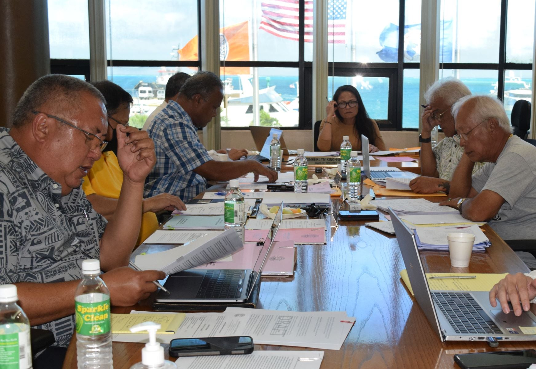 Commonwealth Ports Authority Board Chairwoman Kimberlyn King-Hinds, center background, presides over a CPA board meeting at the Port of Saipan in Puerto Rico on Tuesday. Also in photo are CPA Executive Director Christopher Tenorio, board members Joseph Diaz, Ramon A. Tebuteb, Thomas P. Villagomez, and Pete P. Reyes. 