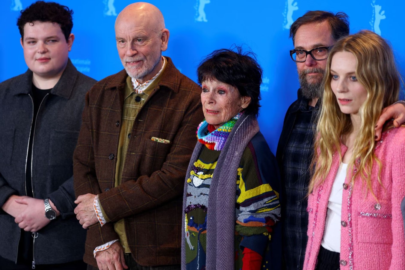 Actors Tom Xander, John Malkovich, Geraldine Chaplin and Lilith Stangenberg with director Robert Schwentke attend a photo call to promote the movie “Seneca” at the 73rd Berlinale International Film Festival in Berlin, Germany, Feb. 20, 2023.