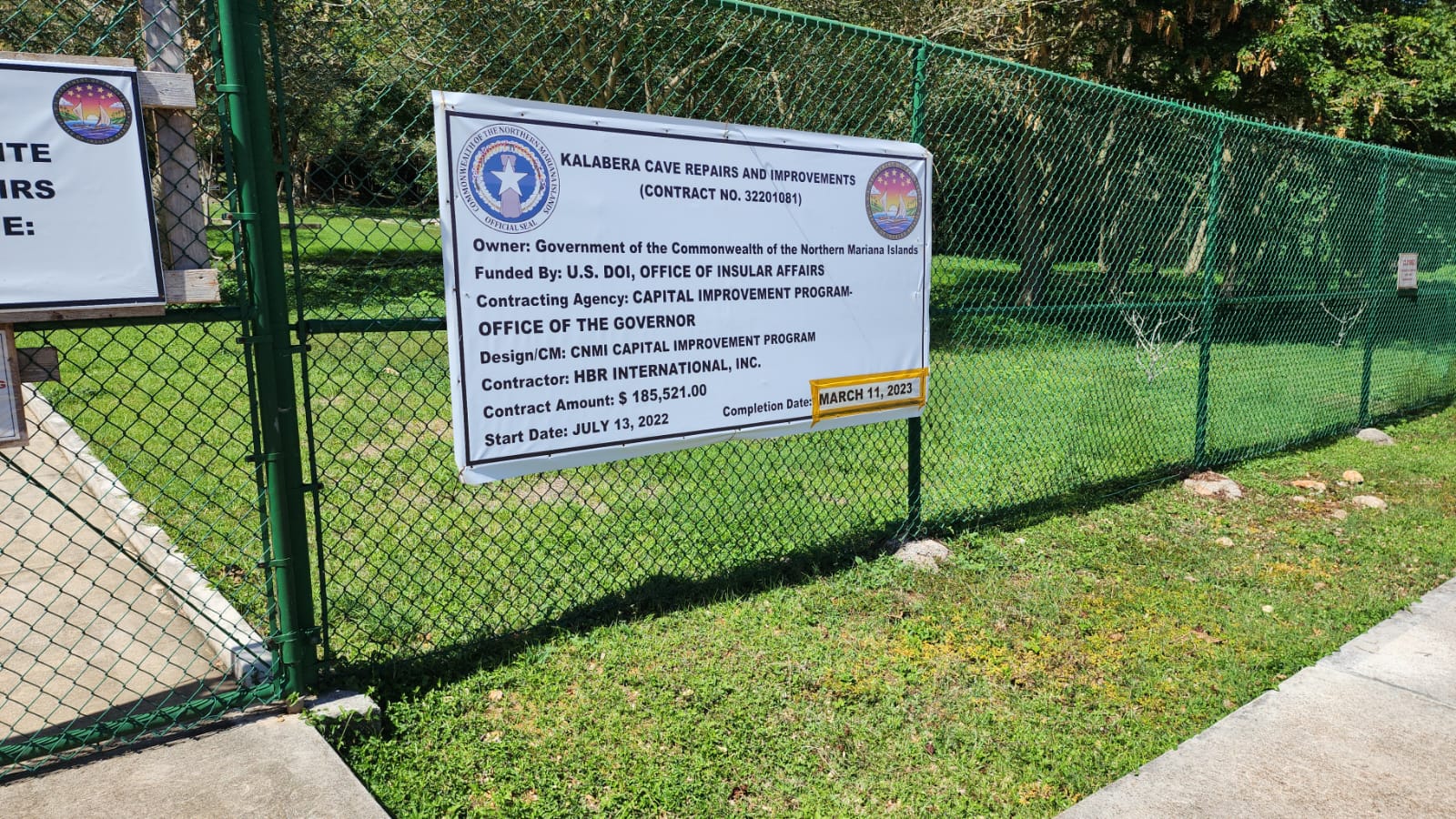 A fence sign is seen Tuesday in the Kalabera Cave area.