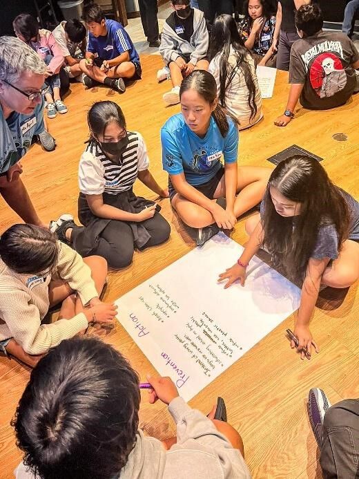 Schools for Environmental Conservation Orientation workshop participants break out into small groups to discuss plastic pollution and creative ways we can limit its impact in the CNMI.