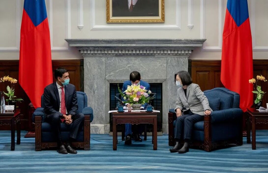 Taiwan President Tsai Ing-wen meets U.S. Rep. Ro Khanna, D-CA, a member of the U.S. House China Select Committee, and other members of the U.S. delegation at the presidential office in Taipei, Taiwan, in this handout photo released Feb. 21, 2023.
