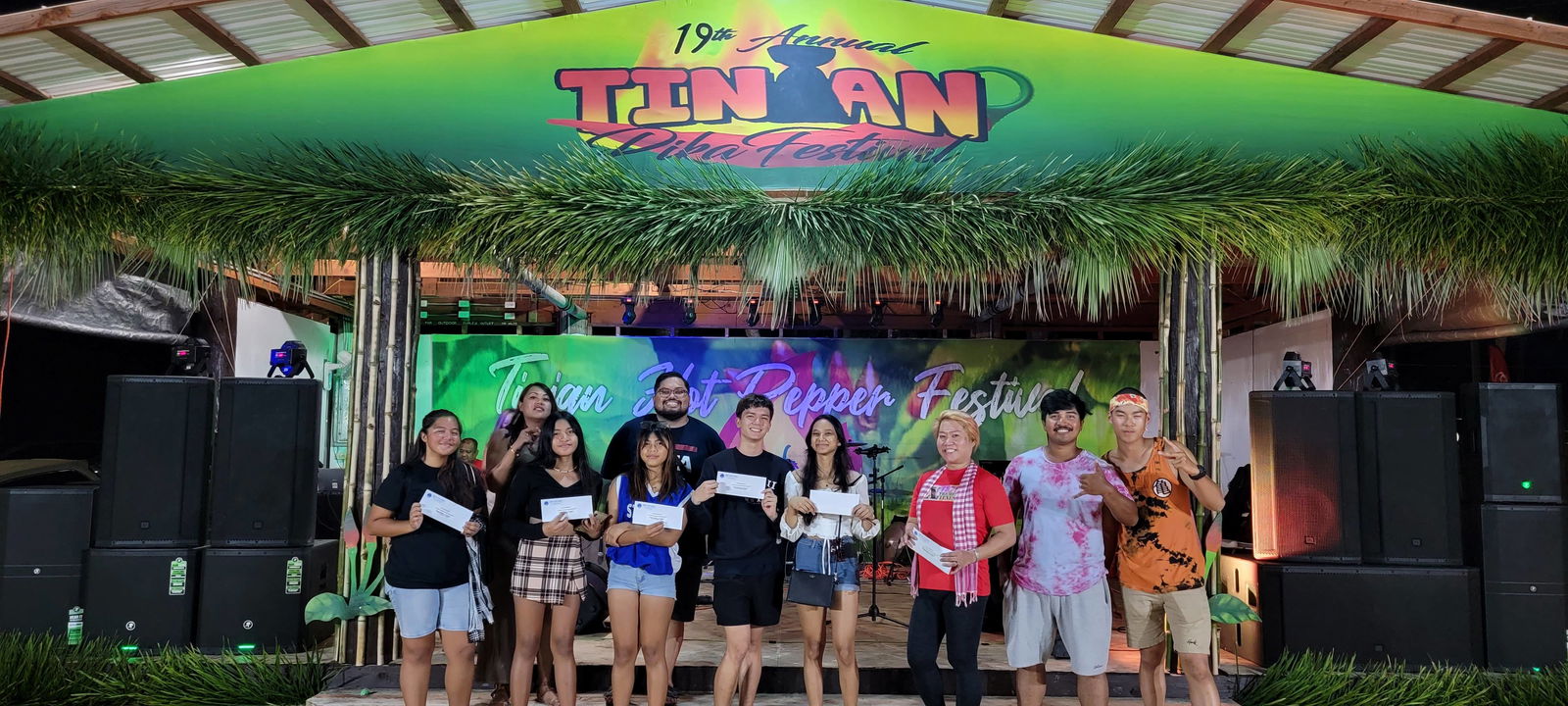 Winners of the karaoke contests claim their prizes 19th Annual Tinian Hot Pepper Festival, held on Feb. 17, 2023, in San Jose, Tinian. From left, Jeriah Ann Cruz, Letricia Palacios, Serenity Luzman, Payton Christian, Colleen Cing, Joan Oliverio, and Dillion Hee.