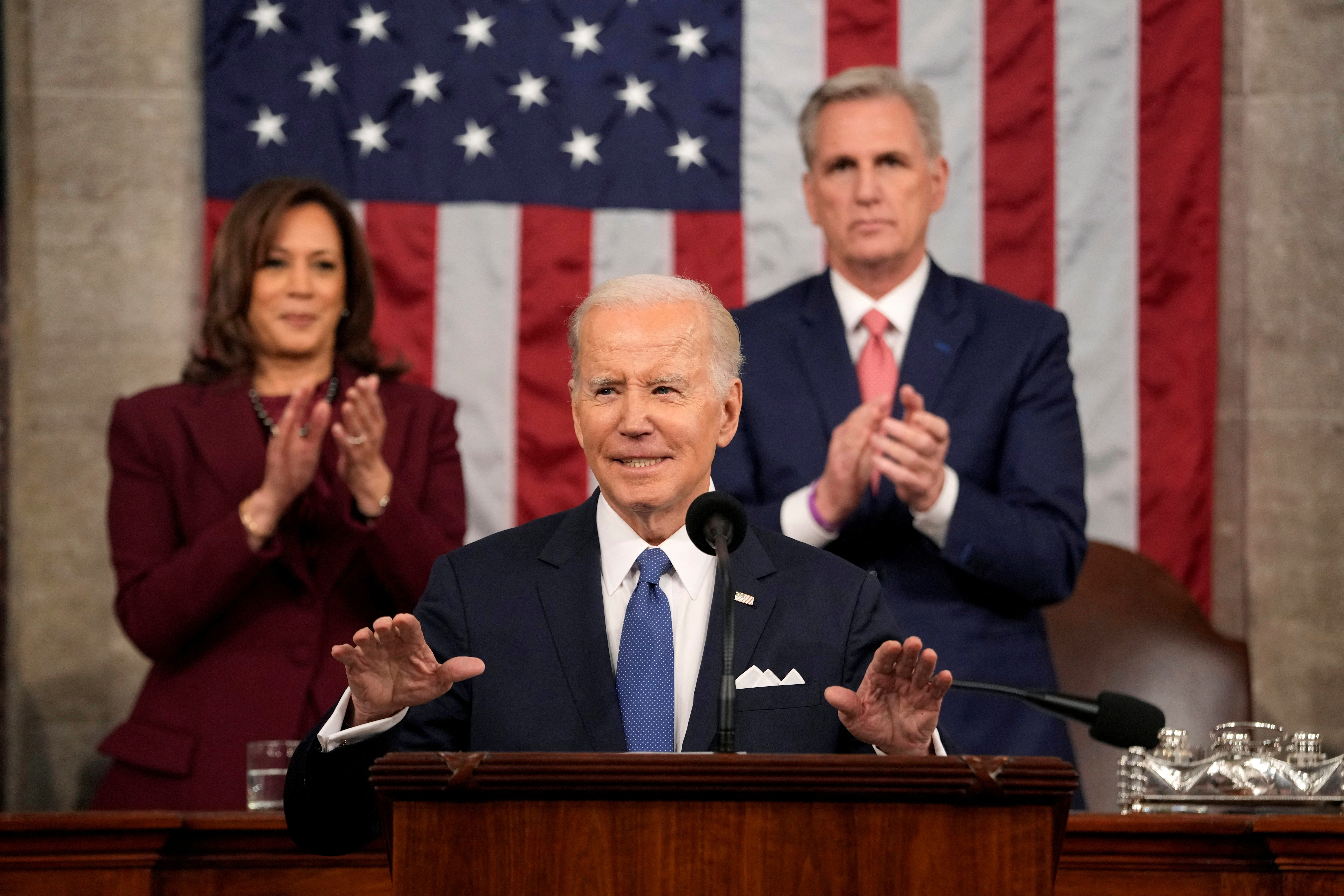 President Joe Biden delivers the State of the Union Address to a joint session of Congress at the U.S. Capitol, Tuesday, Feb. 7, 2023 in Washington, D.C. as Vice President Kamala Harris and House Speaker Kevin McCarthy applaud.
