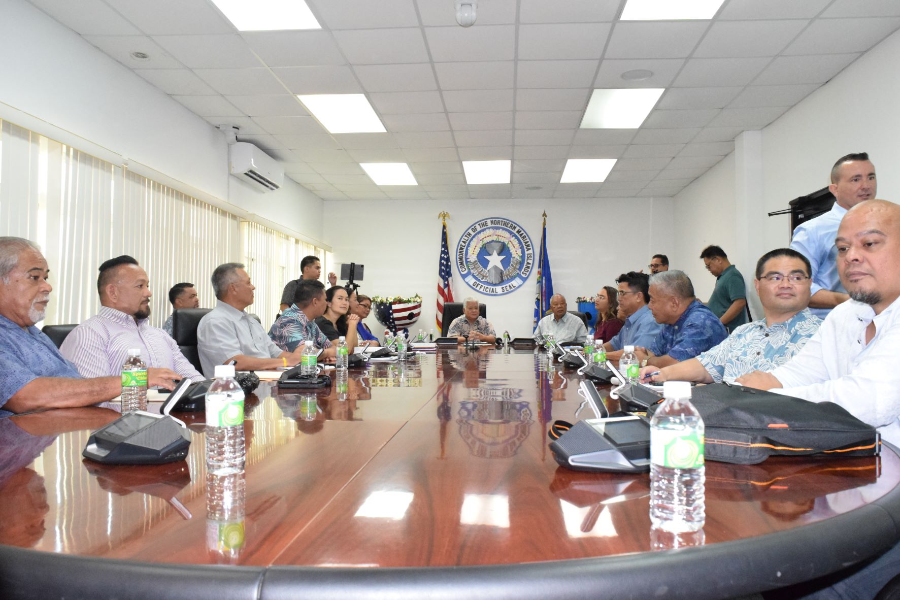 Gov. Arnold I. Palacios and Lt. Gov. David M. Apatang join their cabinet appointees in the governor's conference room at the administration building during a press conference on Wednesday.