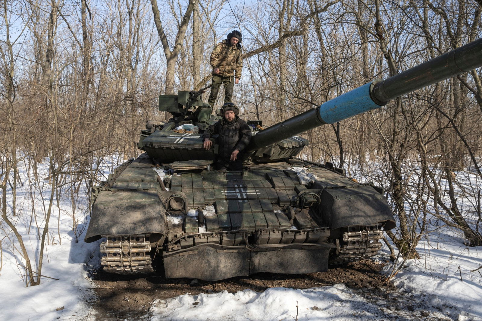 Ukrainian servicemen of the 17th Independent Tanks Brigade are seen atop of a T-64 tank, as Russia's attack on Ukraine continues, near the frontline town of Bakhmut, Donetsk region, Ukraine, Feb. 23, 2023.