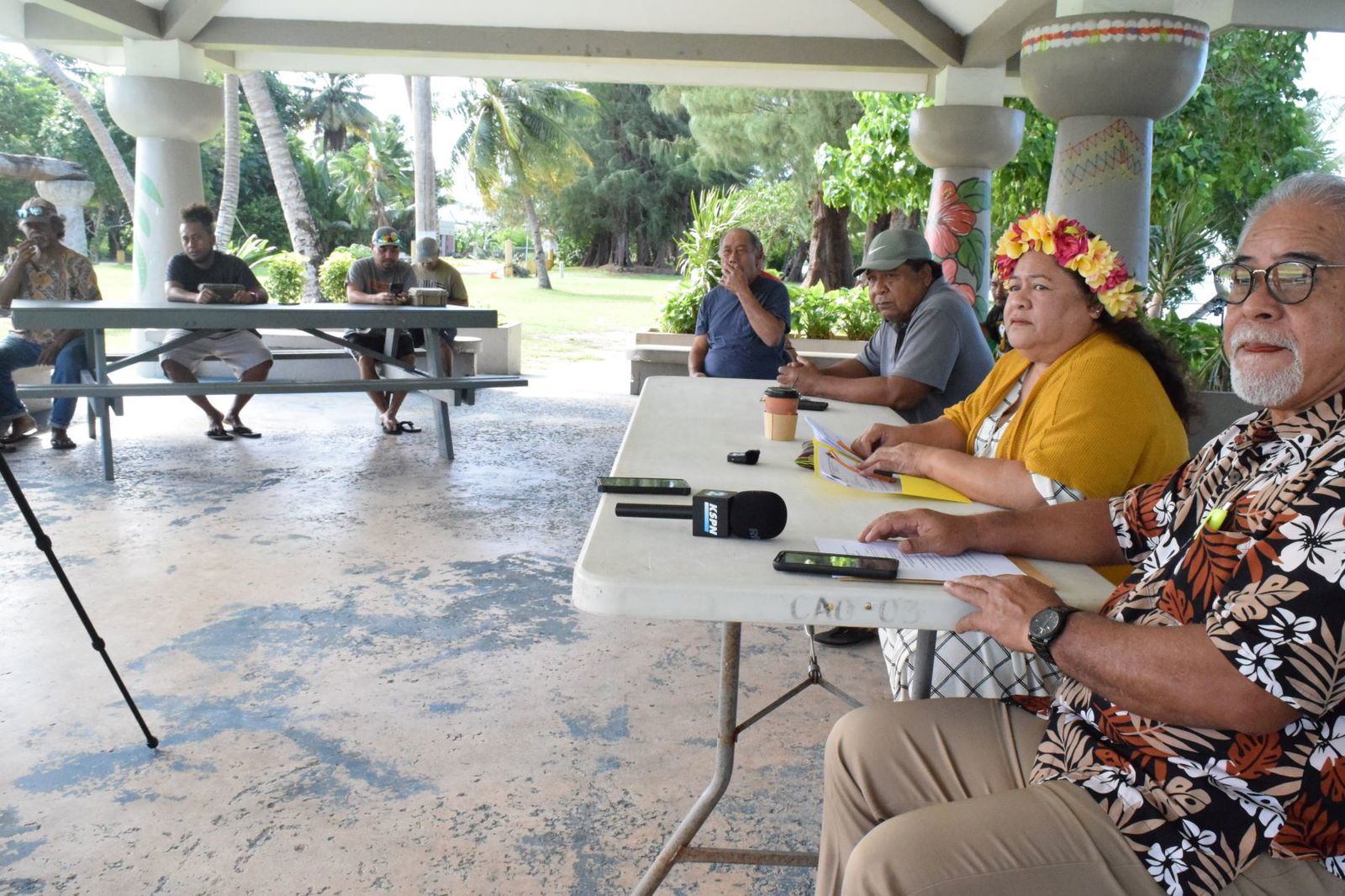 Rep. Denita Yangetmai, second right, and Felix Nogis, special assistant for Carolinian affairs, right, with local fishermen led by Louie Tilipao, third right, during a press conference at the Carolinian Village pavilion in Garapan on Wednesday.