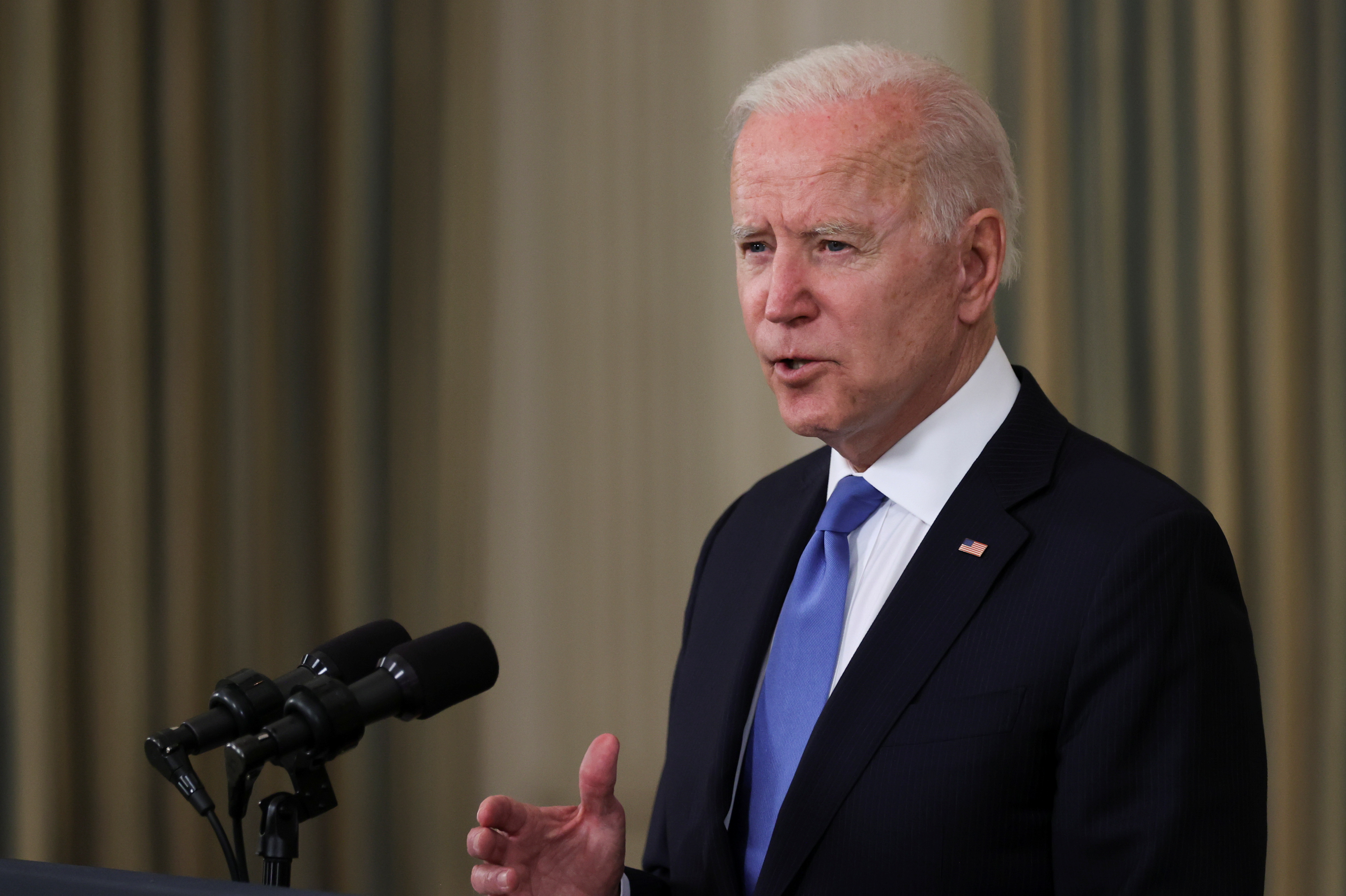 President Joe Biden delivers remarks on the state of his American Rescue Plan from the State Dining Room at the White House in Washington, D.C.,  May 5, 2021. 