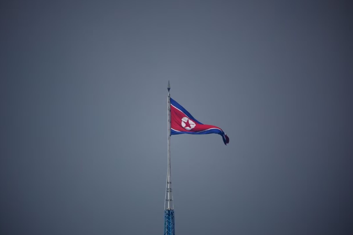 A North Korean flag flutters at the propaganda village of Gijungdong in North Korea, in this picture taken near the truce village of Panmunjom inside the demilitarized zone separating the two Koreas on July 19, 2022.